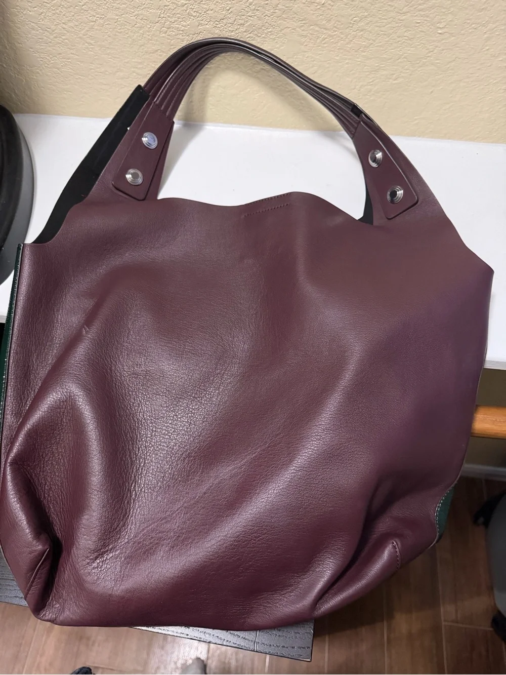 Tory Burch Dark Green Tote with Burgundy Handles - Picture 3 of 8